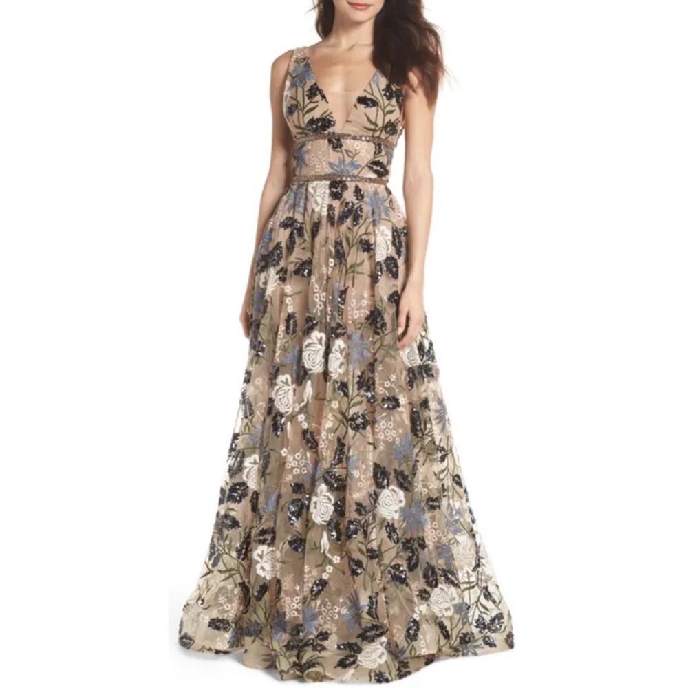 Bronx and Banco Tan Floral Maxi Dress with Black & White Embroidery - Picture 2 of 11